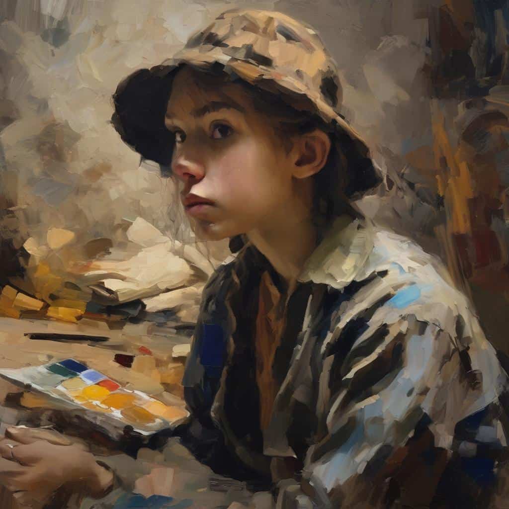 Νεαρή γυναίκα καλλιτέχνης με καπέλο στην στούντιο, δημιουργία έργου τέχνης, τέχνη και ρεύματα, πορτρέτο ζωγραφικής, σύγχρονη εικαστική τέχνη, ζωγραφική ποικιλία, Ευρωπαϊκή τέχνη, καλλιτεχνική δημιουργία, καλλιτεχνικά ρεύματα, τέχνες και πολιτισμός.