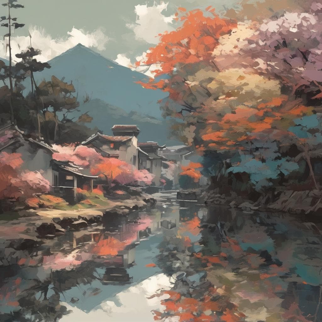 Ομορφιά στα ιαπωνικά τοπία με παραδοσιακές κατοικίες κοντά σε ποτάμι, περιβάλλον εποχιακής ομορφιάς και τέχνη της φύσης, ιδανικό για σπουδαίους δημιουργούς και ρεύματα στην τέχνη.