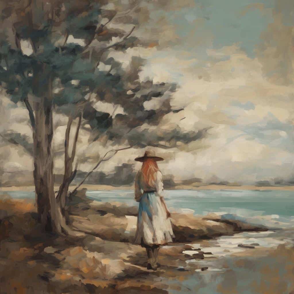 Οδηγός Τέχνης: Σπουδαίοι Δημιουργοί και Ρεύματα - Παραδοσιακός πίνακας ζωγραφικής με γυναίκα σε παραλία, ηρεμία και φυσική ομορφιά, αναδεικνύοντας σημαντικές στιγμές και ρεύματα στην τέχνη.