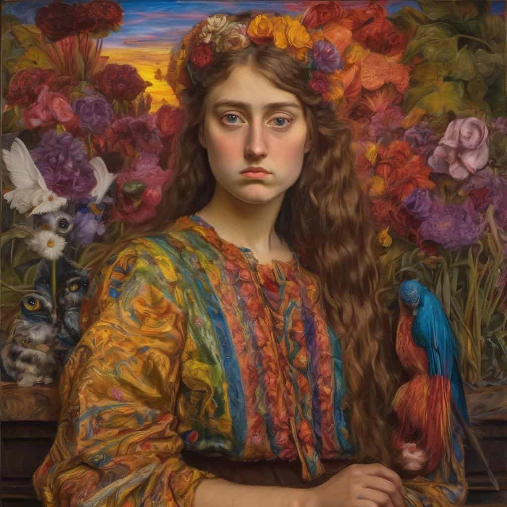 Αντλία τέχνης με νεαρή κοπέλα φορώντας πολύχρωμο ρούχο και διακόσμηση από λουλούδια και πουλιά, σε ρομαντικό και ζωγραφικό στυλ, αναδεικνύει σπουδαίους δημιουργούς και ρεύματα στη σύγχρονη τέχνη.