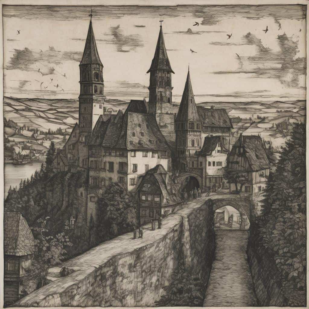 Παλιά πόλη με μεσαιωνικά κτίρια και γέφυρα σε γραφική τοπιογραφία, τυπικό παράδειγμα Ευρωπαϊκής τέχνης και καλλιτεχνικών ρευμάτων, εκφράζοντας ιστορικές δημιουργίες και σημαντικούς δημιουργούς στην τέχνη.